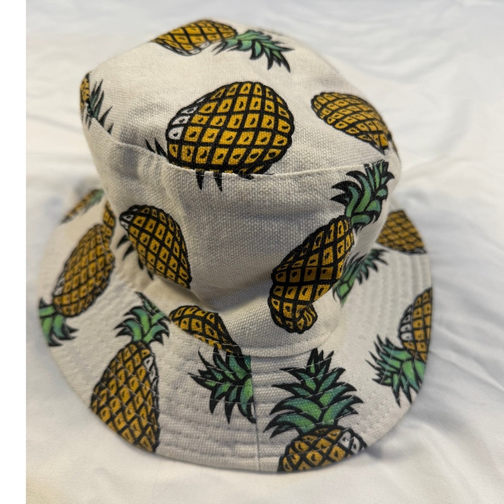 Reversible Pineapple Print Bucket Hat Black Tropical Fruit Summer Sun Hat